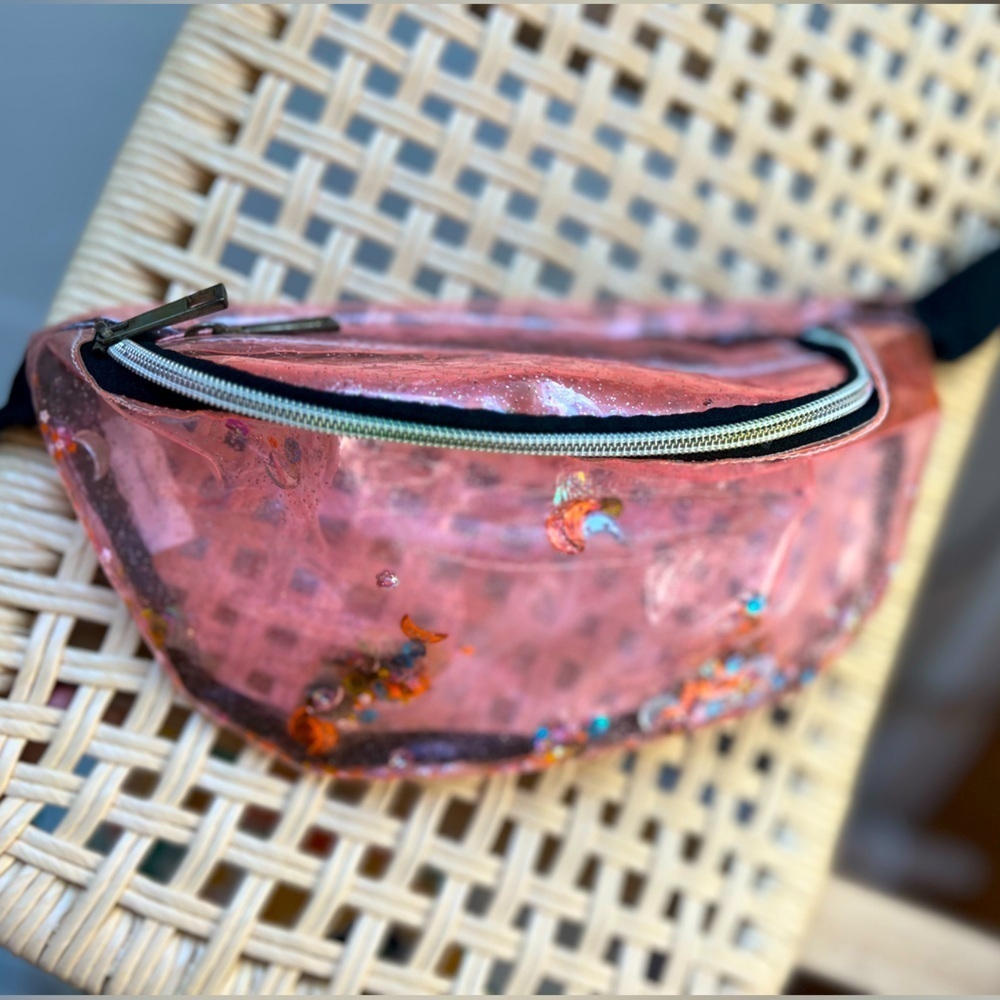 Pink Glitter Stadium Approved Clear Fanny Pack Sling Waist Bag Floating Beads